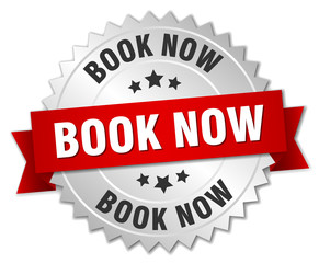 book now 3d silver badge with red ribbon