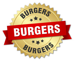 burgers 3d gold badge with red ribbon