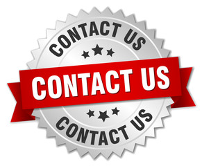 contact us 3d silver badge with red ribbon