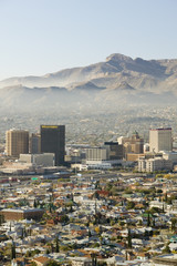 Panoramic view of skyline and downtown El Paso Texas looking toward Juarez, Mexico