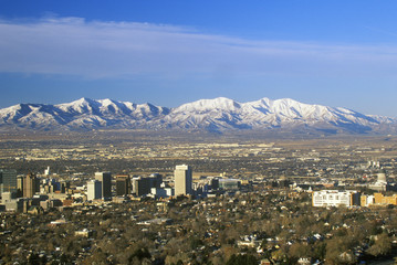 Skyline of Salt Lake City, UT with Snow capped Wasatch Mountains in background © spiritofamerica