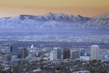 Skyline of Salt Lake City, UT with Snow capped Wasatch Mountains in background © spiritofamerica