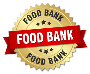 food bank 3d gold badge with red ribbon