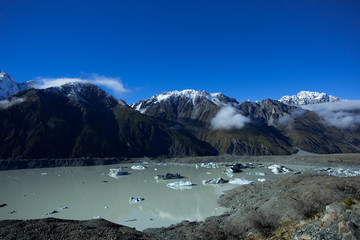The Tasman lake in the fall, is with large ice cubes that are loosen from the Tasman glacier of Aoraki Mount Cook National Park in New Zealand.