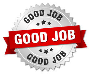 good job 3d silver badge with red ribbon