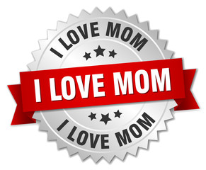 i love mom 3d silver badge with red ribbon