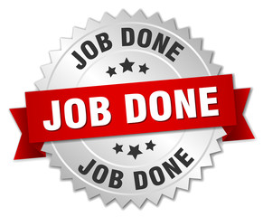 Obraz premium job done 3d silver badge with red ribbon