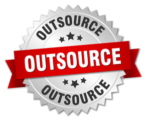 outsource 3d silver badge with red ribbon