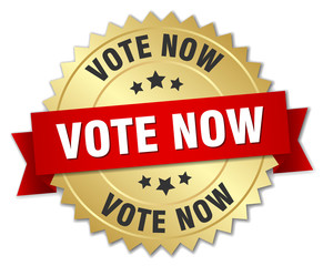 vote now 3d gold badge with red ribbon