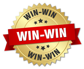 win-win 3d gold badge with red ribbon