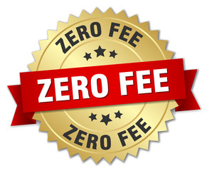 zero fee 3d gold badge with red ribbon