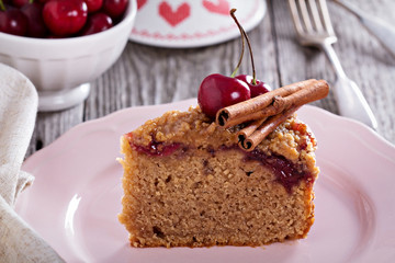Cherry crumble coffee cake with cinnamon