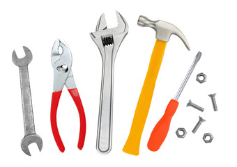 Hammer, screwdriver and wrenches isolated on white