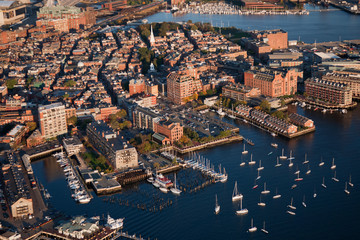 AERIAL morning view of harbor of Boston, MA.