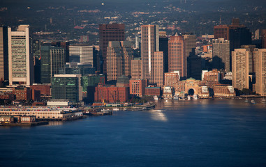 AERIAL morning view of Boston Skyline and Financial District and Wharf area, Boston, MA.