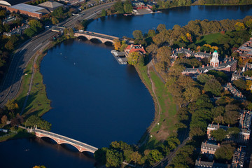 AERIAL VIEW of Charles River with views of John W. Weeks Bridge and Anderson Memorial Bridge,...