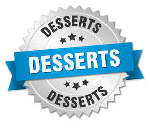 desserts 3d silver badge with blue ribbon