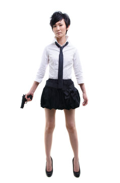 asian woman holding a gun