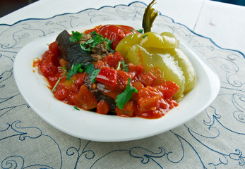 Stuffed aubergines, peppers and tomatoes