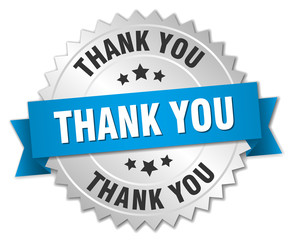 thank you 3d silver badge with blue ribbon