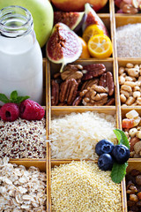 Breakfast items in wooden box