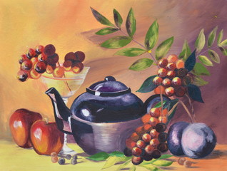 pot and fruit oil painting on canvas