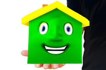 Hand holding house as a cartoon character