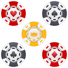 Universal casino chips with playing cards icons and crown