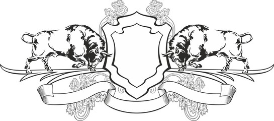 Template monogram. Vintage logo with bulls. Motto. Raw. Vector illustration for restaurant, cafe, pub, business, heraldic.