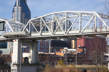 Cumberland River Pedestrian Bridge, Nashville Skyline, Tennessee.