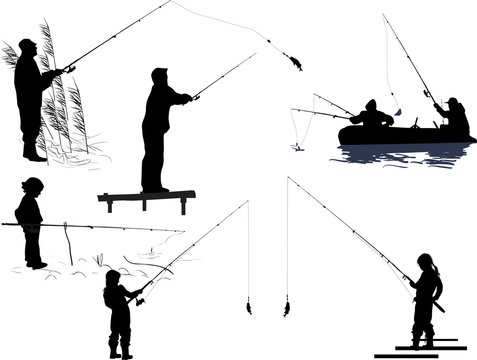 seven fishermen silhouettes isolated on white