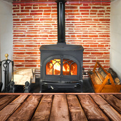 Fototapety  Rustic planks, wood burning stove in the background