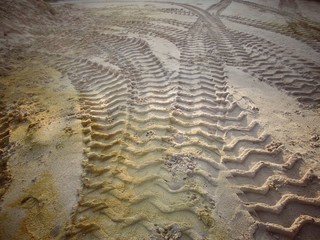 Wheel tracks on the soil.