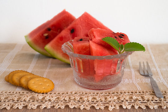 Watermelon Slices Dessert In Glass Bowl With Crackers