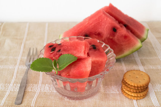 Watermelon Slices Dessert In Glass Bowl With Crackers