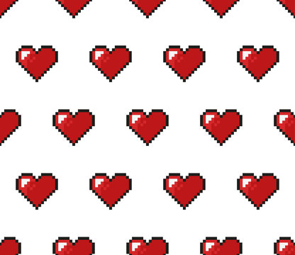 Seamless red pixel heart pattern over white