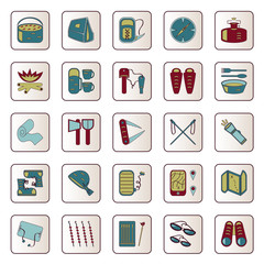 Color travel and camping icons set in blue and red colors. Vector illustration