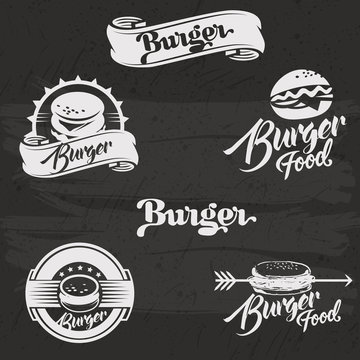 Burgers logo set in vintage style. Retro hand drawn burger