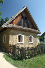 Old rural house made of mud bricks in the Museum of the Villages of Southeast Moravia in Straznice (Slovacko region), Czech Republic.
