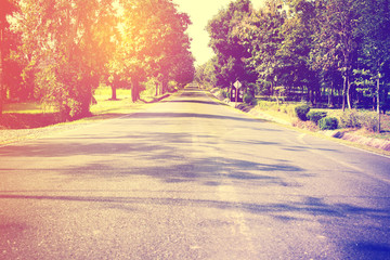 Landscape of road way in summer with tree forest ,Vintage color toned,nature background