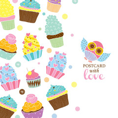 Funny  card with cupcakes and owl in retro style.