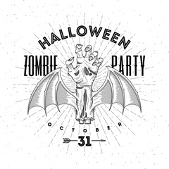 Zombie rotten hand with bat wings - halloween line art vector illustration