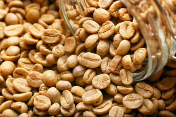 Green Coffee Beans in Mason Jar for Background Uses.