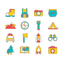 A set of hiking thin lined flat icons in outlined style with camping infographic elements - car, tent, campfire, mountains, trees, camera, backpack, map © Yuzach