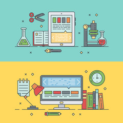 School banners templates with thin lined education elements - globe, book, pen, notebook, alarm, chemistry, microscope © Yuzach