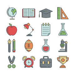 A set of school thin lined flat icons in outlined style with education infographic elements - globe, book, pen, notebook, alarm, chemistry, microscope © Yuzach