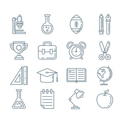 A set of school thin lined flat icons in outlined style with education infographic elements - globe, book, pen, notebook, alarm, chemistry, microscope