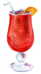 Watercolour drawing of tinto de verano with straw and a slice of lemon