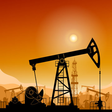 Silhouette  Pumpjack or Oil Pump on a Background of Mountains  at Sunset, Petroleum Industry , in the Background Working Oil Pumps and Drilling Rig, Vector Illustration