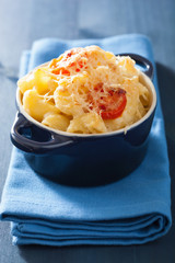 baked macaroni with cheese in blue casserole